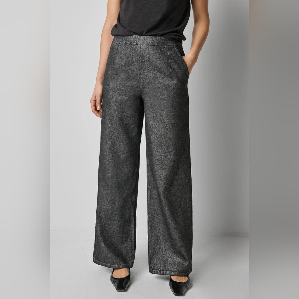 Lilla P Metallic Silver Denim Wide-Leg Pants